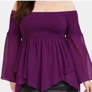 Torrid Shirt Blouse Chiffon Smocked Off Shoulder Fairycore Purple Womens Size 1X